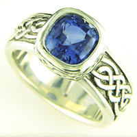 Men's White Gold Blue Sapphire Ring with Celtic Knot Engraving for Astrology
